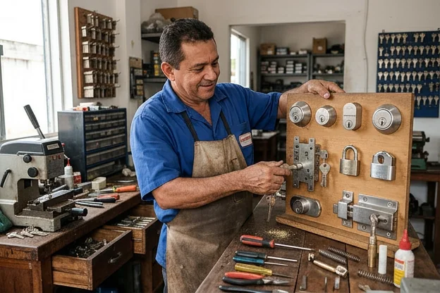 Chaveiro apresentando diversos modelos de fechaduras para segurança residencial.