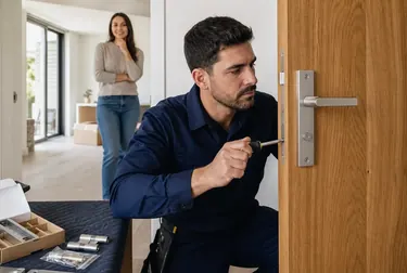 Chaveiro instalando uma fechadura nova em uma porta.