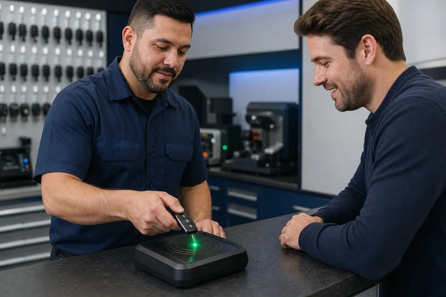Chaveiro programando uma chave eletrônica com um dispositivo.