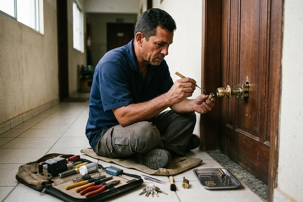 Chaveiro realizando a manutenção de fechaduras para garantir o funcionamento ideal.